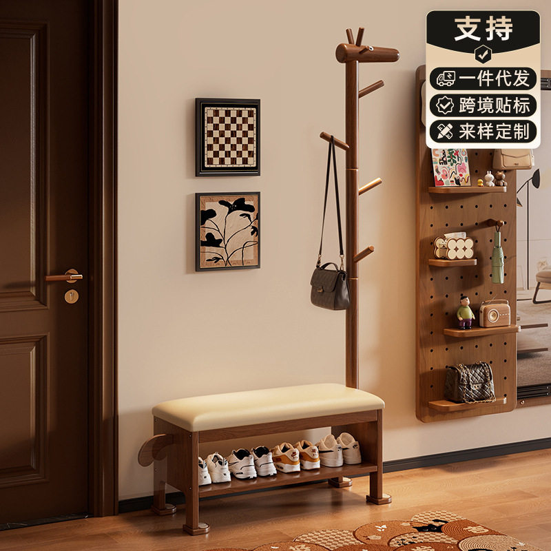 实木小鹿衣帽架玄关换鞋凳一体