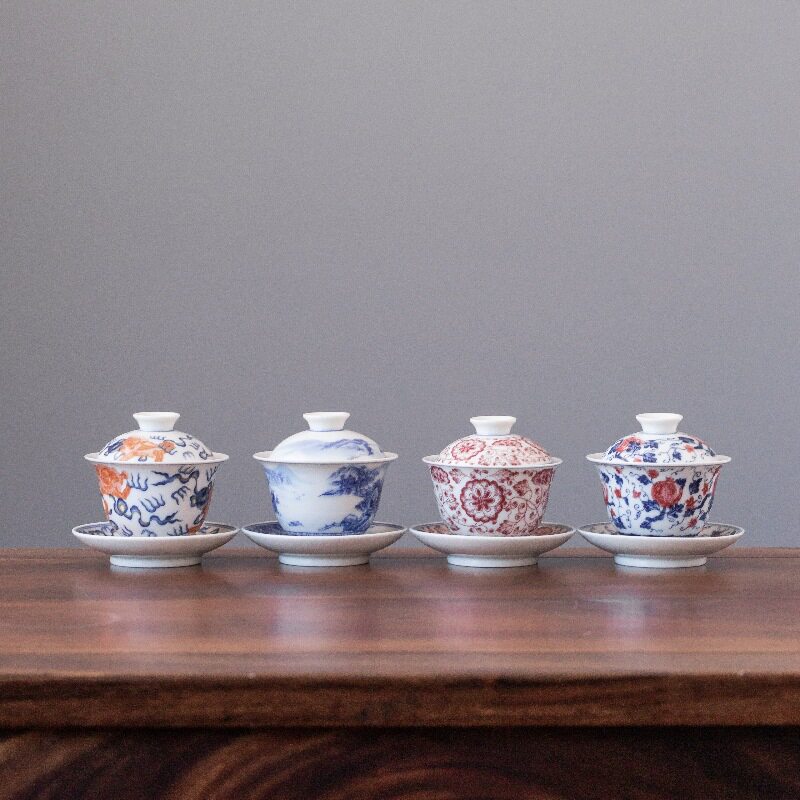 青花瓷陶瓷盖碗功夫泡茶碗手工杯手绘茶具斗彩青花盖碗复古批发