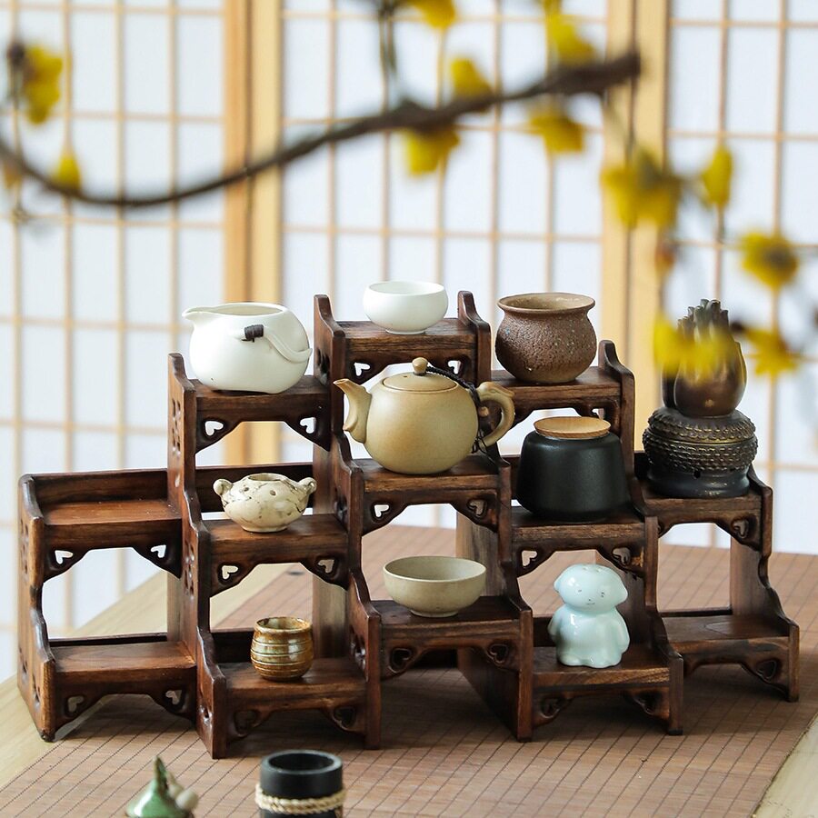 中式实木桌面小型紫砂壶展示架