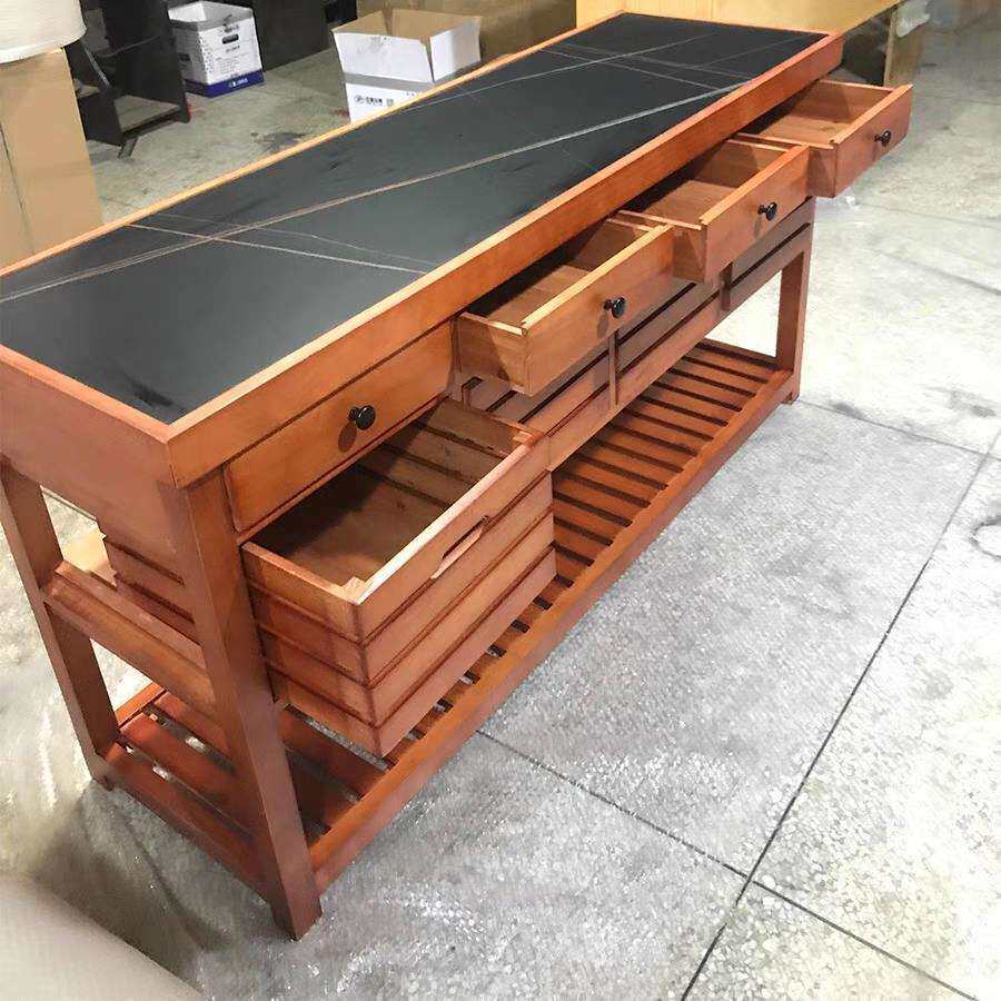 美式乡村中岛台实木料理台开放式餐边柜复古厨房家用操作台餐桌柜