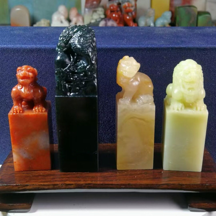 实物各种各色钮章印章一组4方配盒印面正方1.8-2.1CM青田寿山老挝