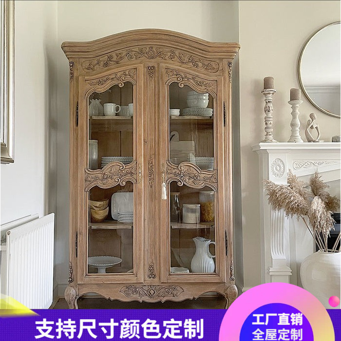 欧式实木做旧书柜美式乡村橡木雕花客厅书橱法式复古书架展示柜