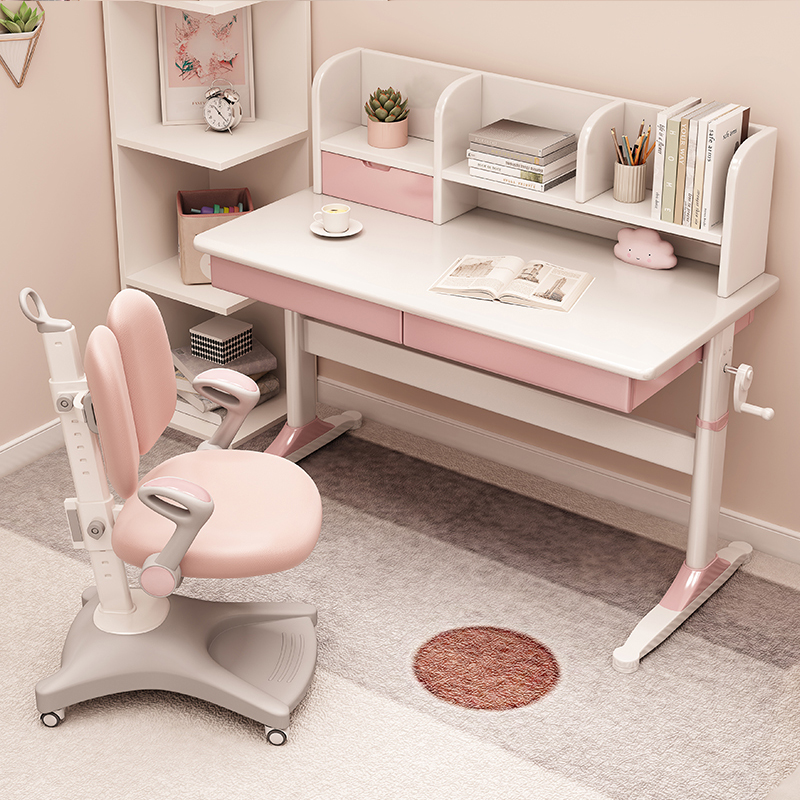 速发儿童学习桌实木课桌书架桌体桌小学生写字一家用书桌椅套装可