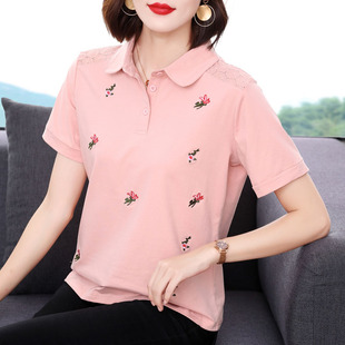 速发妈妈纯棉t恤 宽松上装新款半袖翻领洋气丅恤小衫中老年夏衣