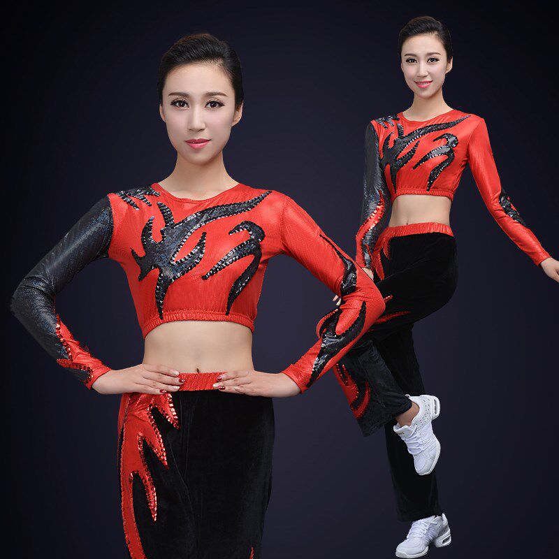 速发新款健美操服装红色男大众健美操服装舞台装长袖丝绒体操服