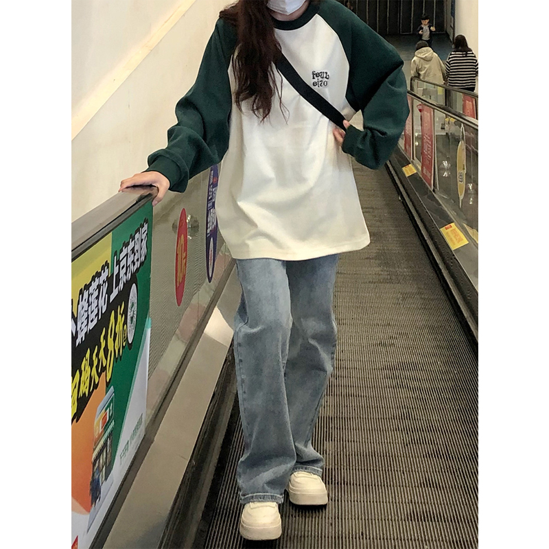 速发美式覆松撞色厚棉T长袖T恤春s宽古over秋ize设计感小众初秋上