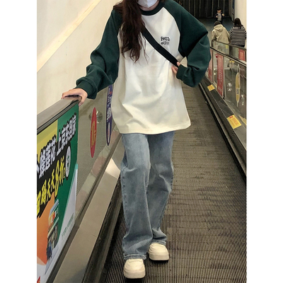 速发美式覆松撞色厚棉T长袖T恤春s宽古over秋ize设计感小众初秋上