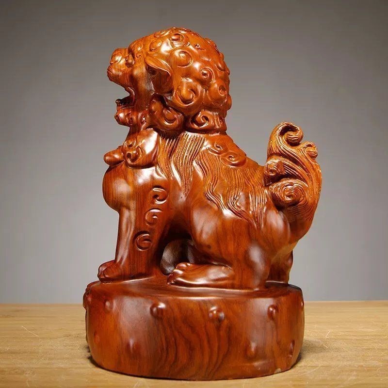 速发花梨实木艺关刻鼓上狮子摆件宫门抱鼓狮家居客厅玄雕装饰工质