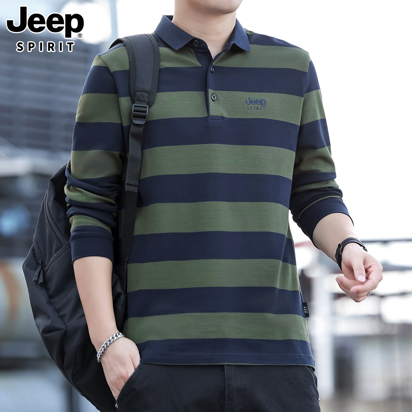 JEEP吉普男士条纹短袖POLO衫