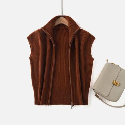 LP同款双层领双拉链羊绒毛衣针织衫无袖宽松绵羊毛开衫马甲外套女