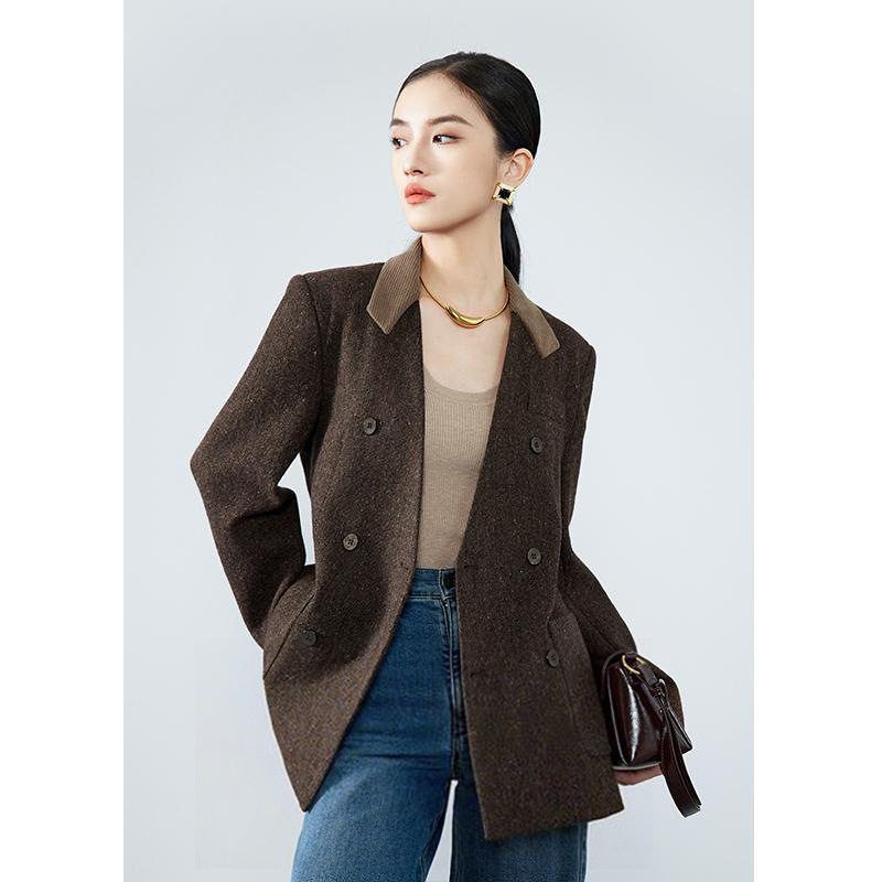 复古羊毛呢v领长袖撞色小西装女2025秋季新款高级感显瘦西服外套
