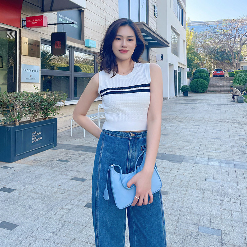 条纹背心女冰丝吊带外穿无袖上衣套头内搭打底针织衫2025夏季新款