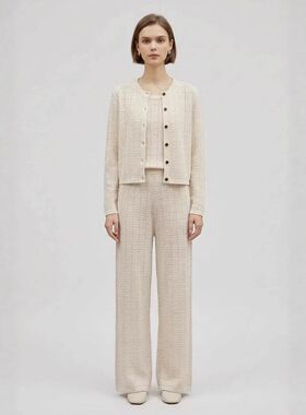 LP同款亚麻棉方形格纹镂空提花针织开衫女新款老钱风显瘦法式上衣