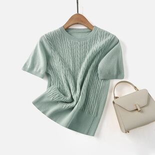 LP同款秋季新款女装绞花毛衣针织衫女小个子圆领100%羊毛修身上衣