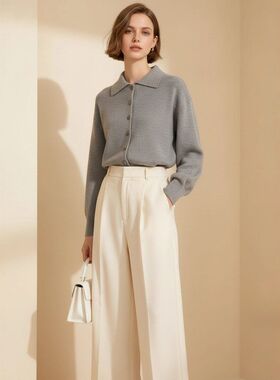 LP同款气质毛衣女秋冬新款polo领纯色100%美利奴羊毛针织开衫外套