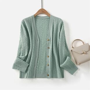 LP同款秋季新款女装 100%绵羊毛针织开衫女v领绞花小香风毛衣外套