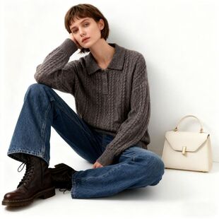 LP同款复古减龄麻花驼绒毛衣针织衫女秋冬新款polo领半开胸羊毛衫