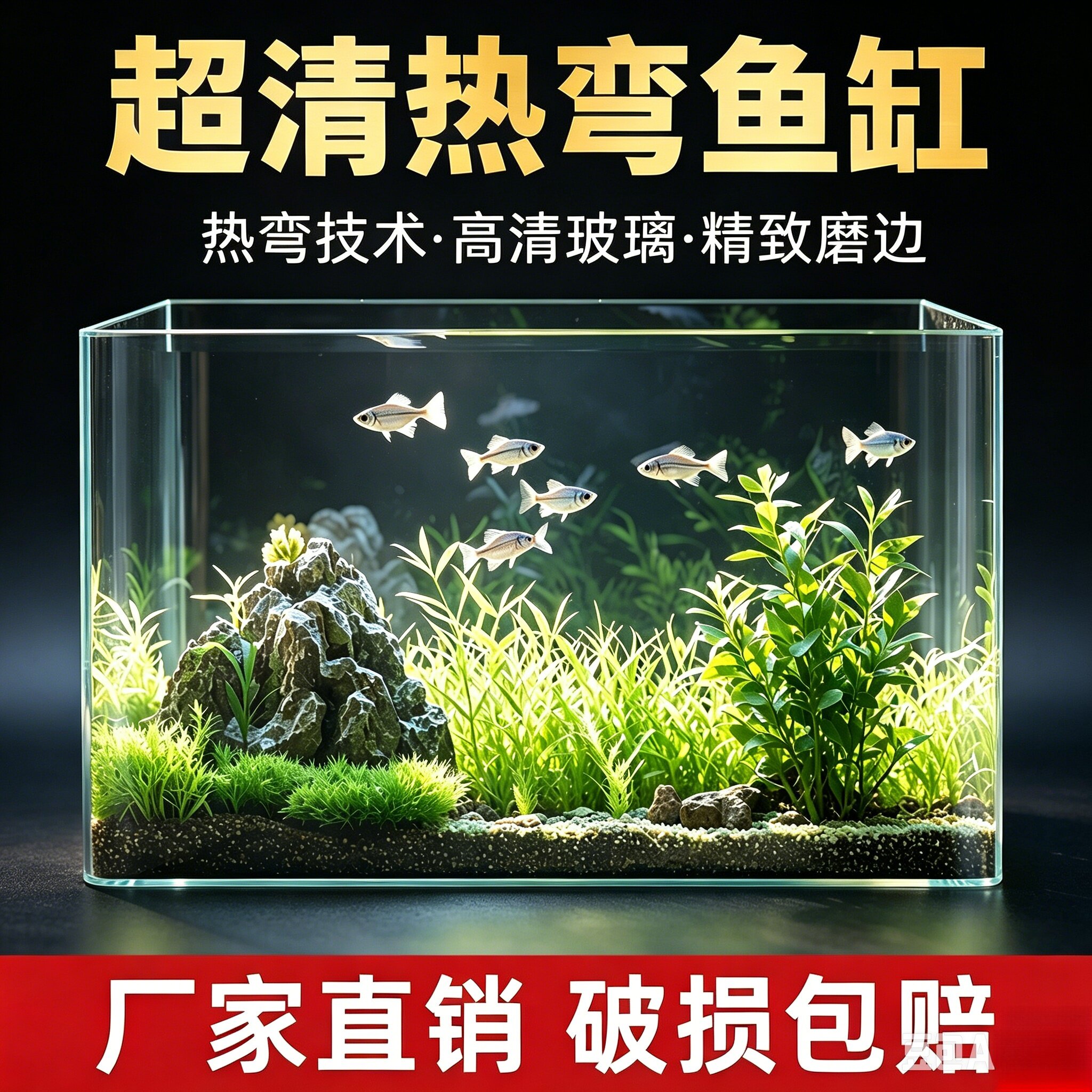 客厅小型鱼缸透明热弯玻璃一体金鱼缸带氧气假山造景水族箱静音