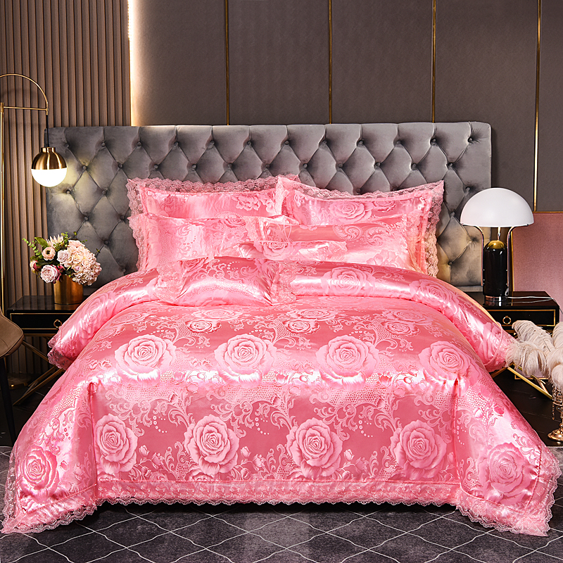 欧式贡缎提花缎面四件套结婚庆床上轻奢高级感公主风被套四季通用