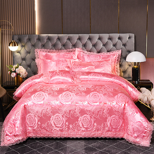 欧式贡缎提花缎面四件套结婚庆床上轻奢高级感公主风被套四季通用