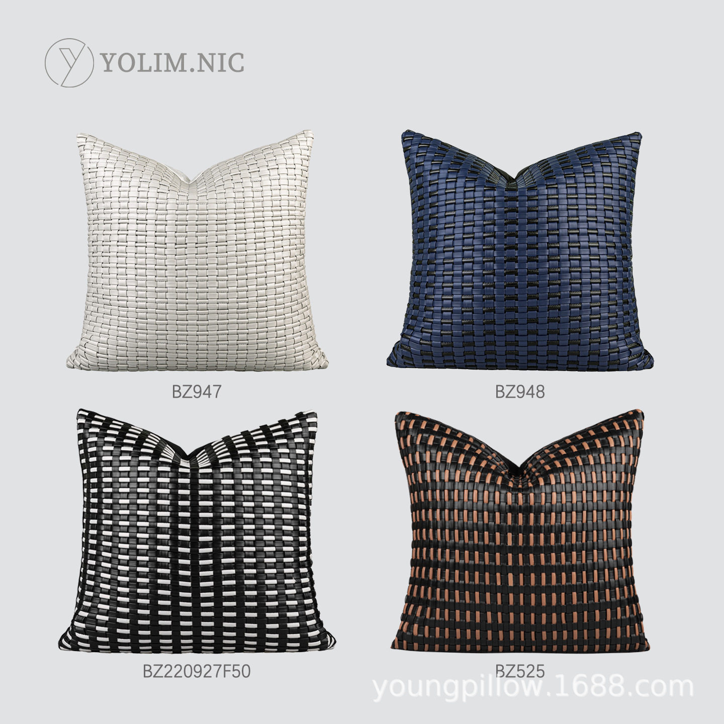 复古经典现代简约沙发抱枕蓝黑色皮质手工编织靠垫意式轻奢样板房