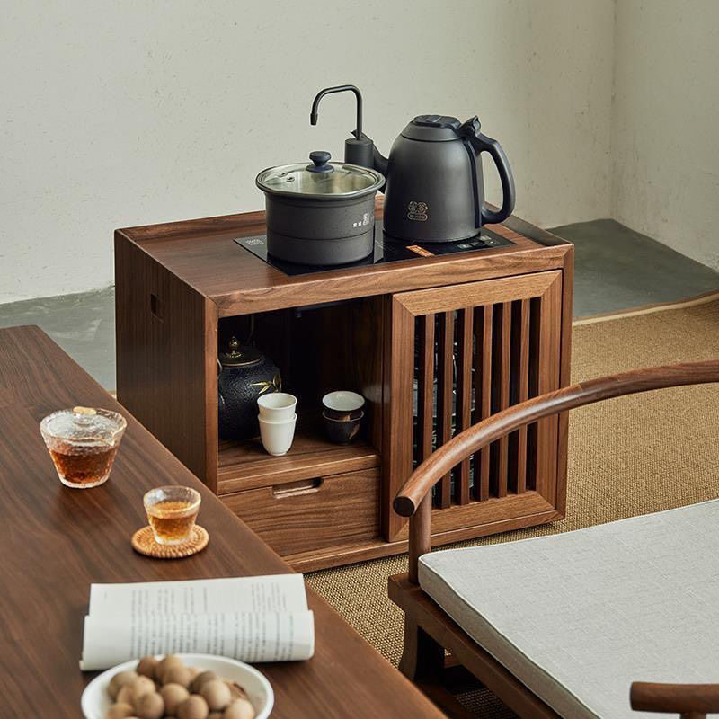 新中式茶水柜日式榻榻米烧水一体柜榆木茶边柜实木简约储物烧水柜
