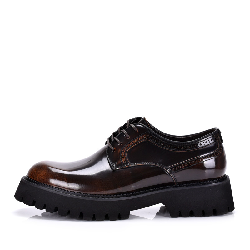 GUFHO古豹男鞋 春秋韩版真皮圆头英伦休闲厚底漆皮大头皮鞋男