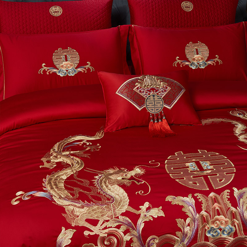 中式婚庆60支长绒棉全q棉四件套龙凤刺绣纯棉结婚被套床单床上用