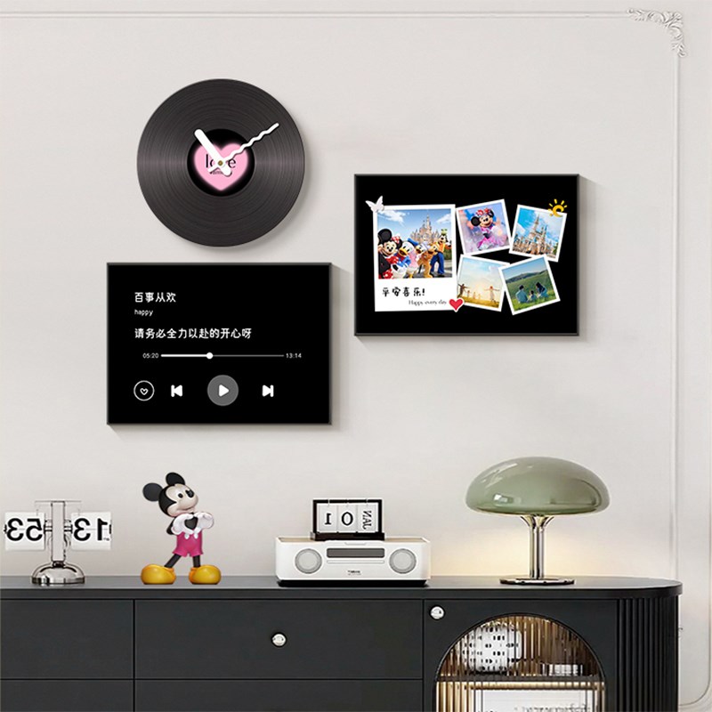 周杰伦装饰e画黑胶唱片沙发背景墙组合壁画艺术复古餐厅带钟表挂