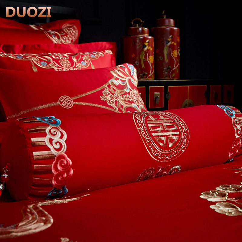 糖果枕 精致大红颈椎枕纯棉v抱枕刺绣婚庆床品多件套配件圆形枕头