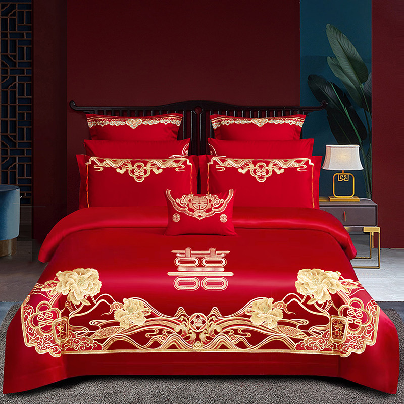 结婚庆牀上四件套全棉大r红色纯棉刺绣被罩牀单式婚房喜庆4件牀品