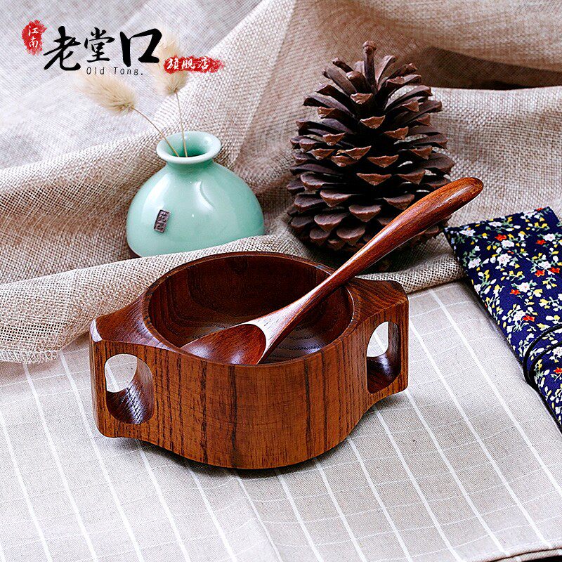 双耳木碗可爱儿童整木碗防摔防烫宝宝学吃饭木T碗整木手柄木碗