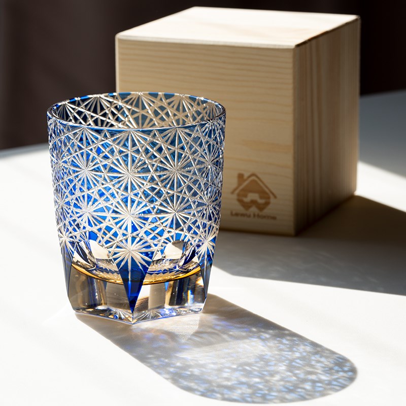 蓝雏菊威士忌酒杯k日式复古手工雕刻水晶玻璃杯琉璃洋酒杯江户切