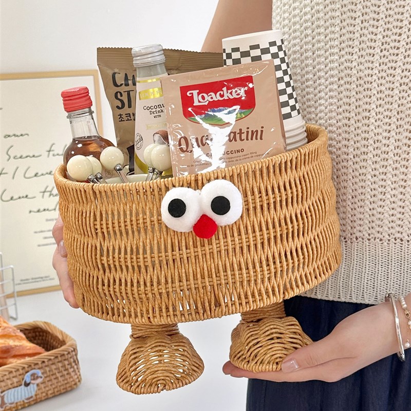 可爱藤编收纳筐零食杂物桌面收纳盒水果家用P编织储物整理盒篮子