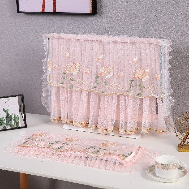 开机不取电脑套台式机显示器装饰A防尘罩田园蕾丝桌面布盖布一体