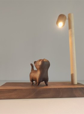 软萌治愈系 实木路灯傲娇猫木制摆件F 桌面氛围柜子床头小夜灯礼