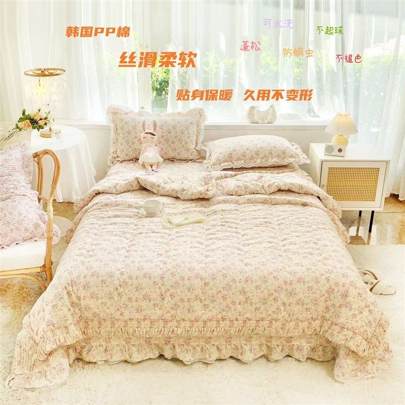 韩国纯棉秋冬被子单件床盖三件套加厚被芯保暖双人V韩式绗缝四件