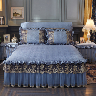 欧式 防滑夹棉加厚L床套床笠双人床裙罩枕 床裙单件床罩三件套裙式