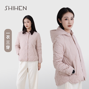 时痕可脱卸帽领棉服羊毛夹层保暖休闲夹克款轻薄绗缝外套大码棉衣