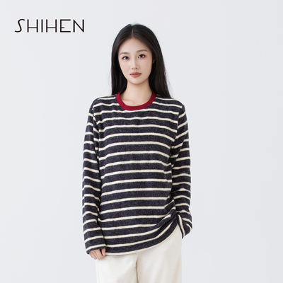 时痕复古安可拉红圆领条纹T恤