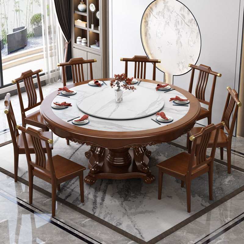 新中式岩板大理石实木餐桌现代简约大圆桌家用12人圆形餐厅吃饭桌