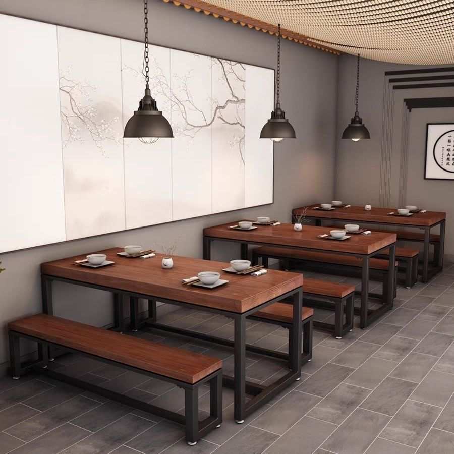 工业风商用餐饮店铁艺实木餐桌椅组合现代食堂面馆长方形长桌长凳
