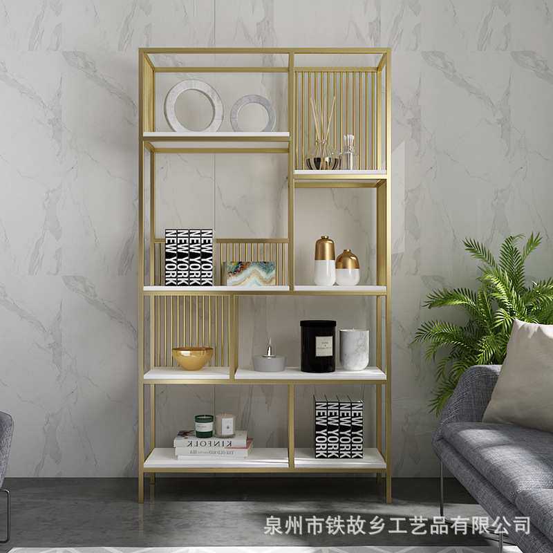 北欧风简约隔板置物架 创意客厅落地装饰展示架 卧室铁艺金色书架
