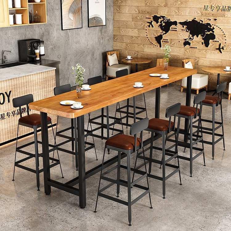 北欧铁艺实木长条桌酒吧奶茶店高脚吧台桌椅组合甜品店靠墙吧台桌