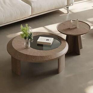 现代简约深木色茶几小户型组合大小圆形北欧轻奢公寓意式客厅家用