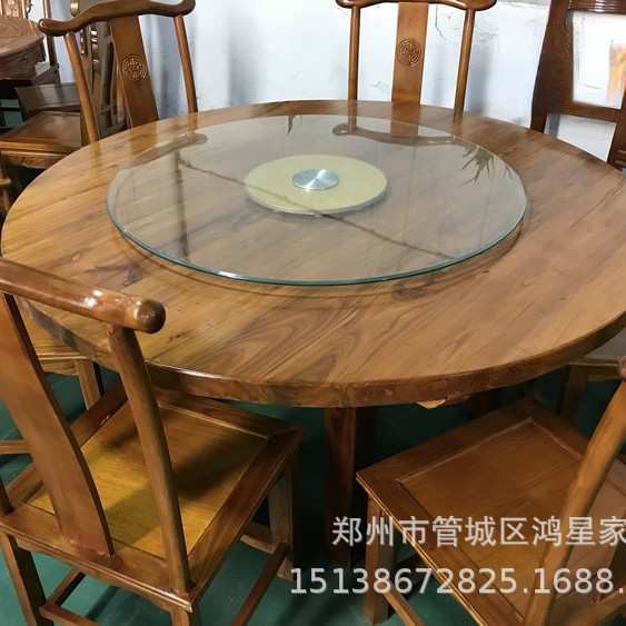 连锁店餐厅桌椅饭店餐桌椅组合 排档农庄餐馆榆木实木大圆桌酒店