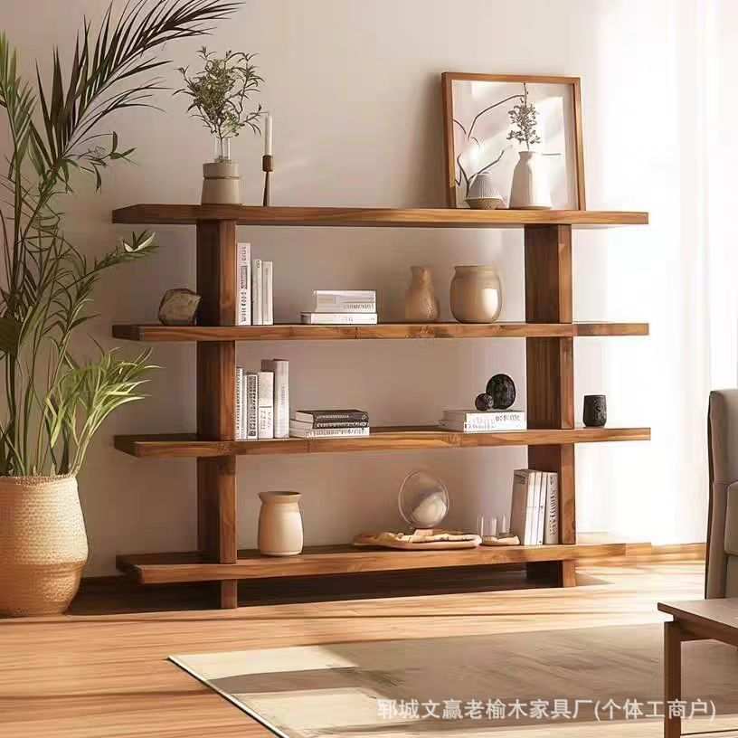 实木多层书架墙上客厅装饰收纳架中式老榆木置物架分层隔板置物架