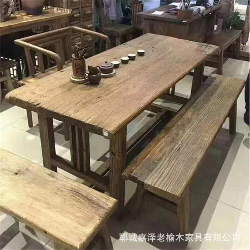 老榆木门板茶桌旧门板茶台餐桌旧木板长方形餐桌家具实木榆木方桌