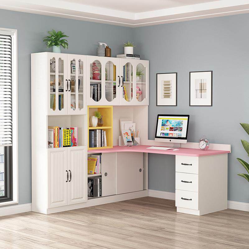 实木转角书桌书架一体书柜组合简约家用学生学习桌台式办公电脑桌