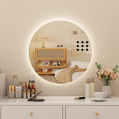 led带灯圆形镜子梳妆台镜子化妆镜壁挂主卧室梳妆镜挂墙智能防雾